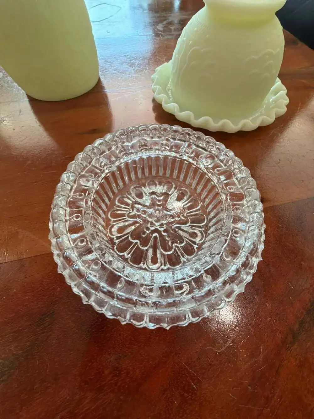 Fenton Glass Persian Medallion Vaseline Satin Three-Piece Fairy Lamp